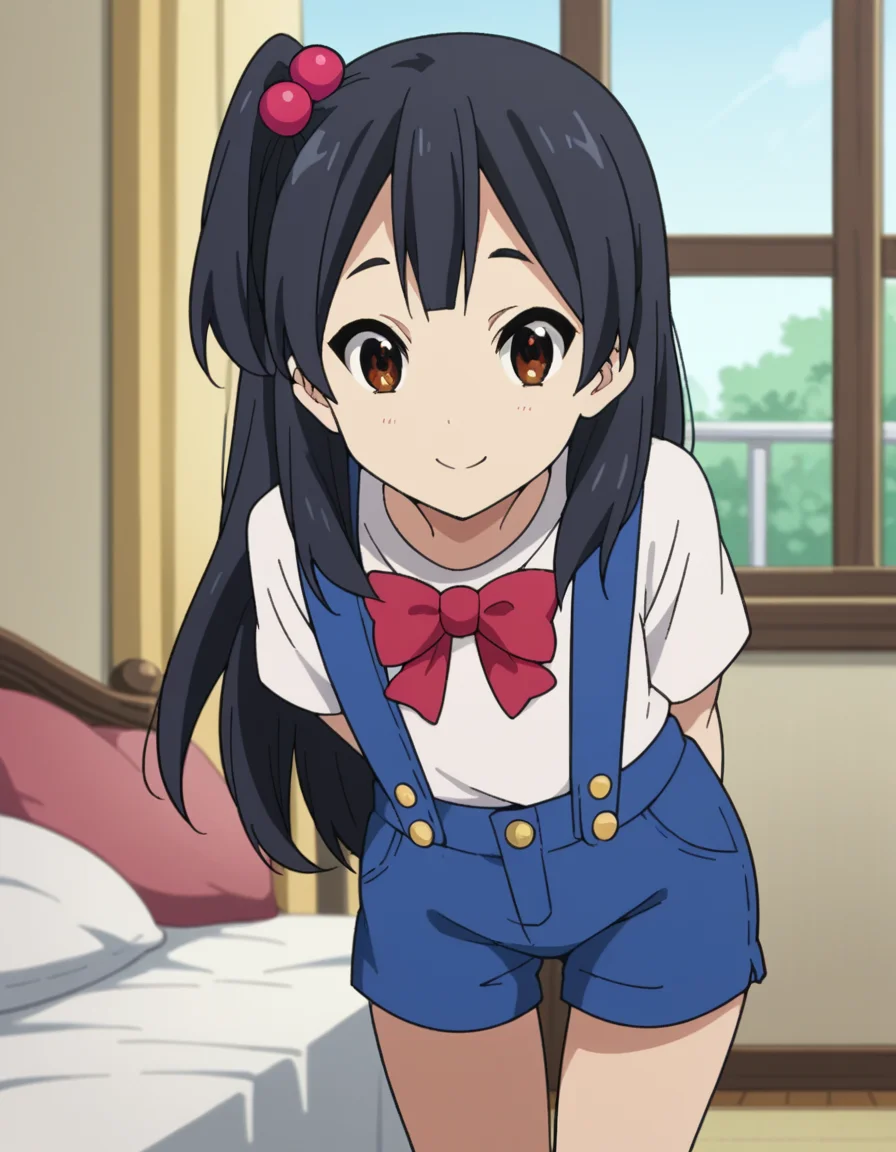 score_9, score_8_up, score_7_up, source_anime, <lora:anko-kitashirakawa-s1-ponyxl-lora-nochekaiser:1>, anko kitashirakawa, long hair, black hair, hair ornament, brown eyes, one side up, hair bobbles,, suspenders, shirt, white shirt, bowtie, red bowtie, buttons, shorts, blue shorts,, bedroom, bed, pillows, nightstand, window, smile, hands behind back, bent over,, looking at viewer, solo,, dutch angle, cowboy shot