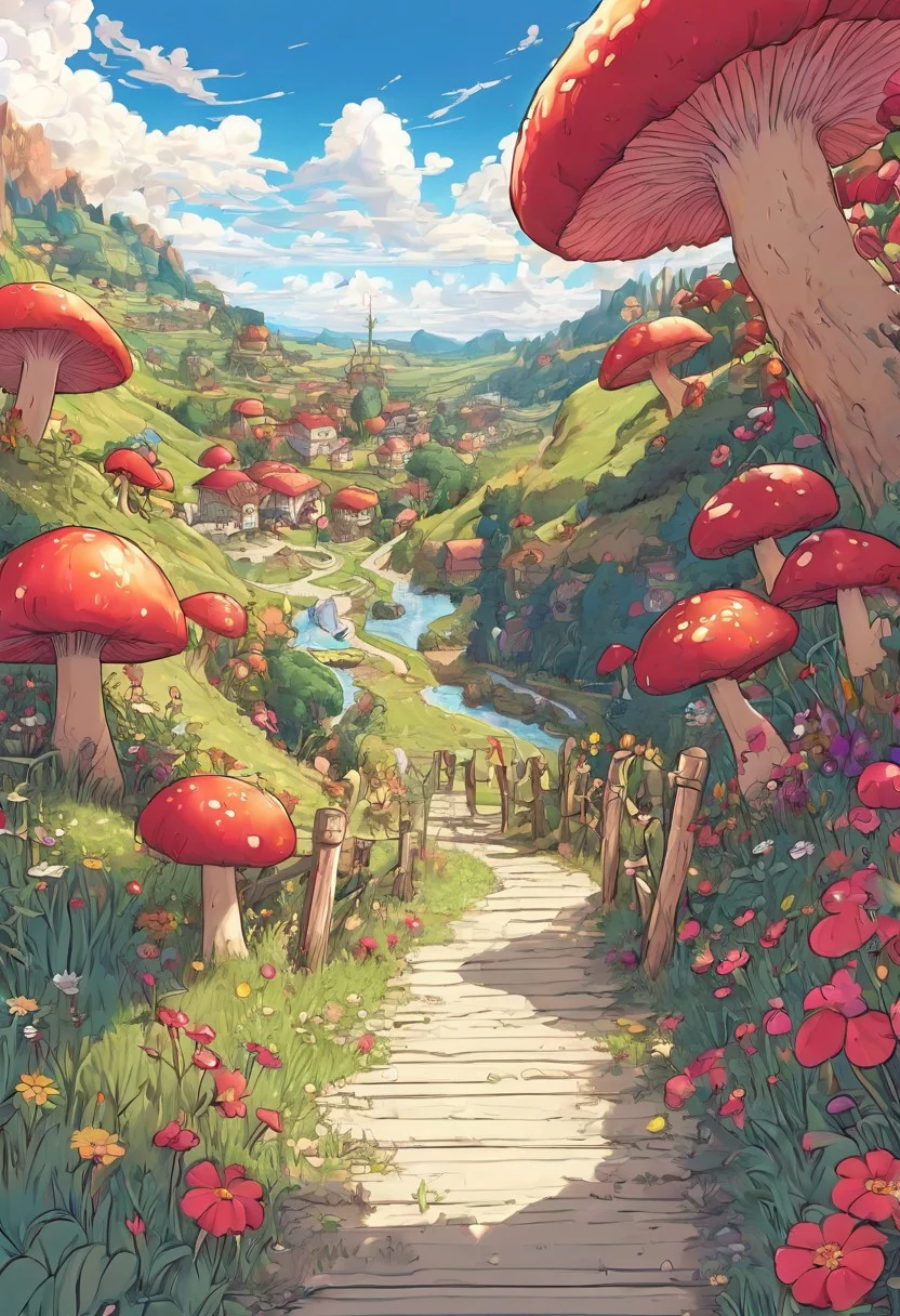Vibrant Colors, Bright Color, Dynamic Angle, Dynamic Composition, Dynamic Colors, Colorful Image, High Contrast, Saturated Colors, Thick Line, Bright Colors, Good Lighting, Color Saturation, masterpiece, best quality, source_hentai,
a landscape, an epic landscape, an extravagant garden, huge flowers, mushrooms, lots of varied vegetation, a colorful sky, cartoon style, thick lines, no characters, no humans, no people,white frame,,