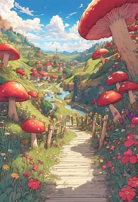 Vibrant Colors, Bright Color, Dynamic Angle, Dynamic Composition, Dynamic Colors, Colorful Image, High Contrast, Saturated Colors, Thick Line, Bright Colors, Good Lighting, Color Saturation, masterpiece, best quality, source_hentai,
a landscape, an epic landscape, an extravagant garden, huge flowers, mushrooms, lots of varied vegetation, a colorful sky, cartoon style, thick lines, no characters, no humans, no people,white frame,,