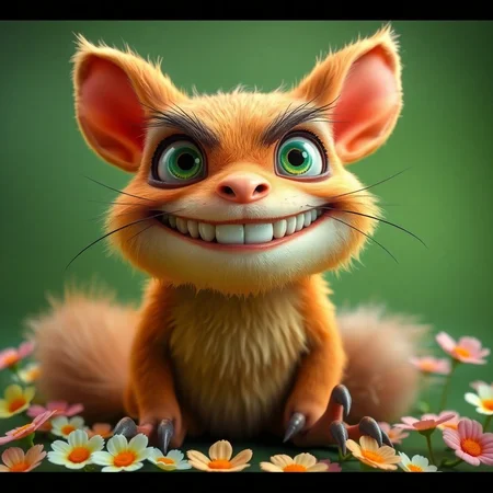 The image shows an exaggerated, cartoon-like creature with large green eyes, sharp teeth, and a wide, mischievous smile. It has a yellowish-brown fur coat, long whiskers, and sharp claws, with a bushy tail. The setting is a simple flowers green background.  highly detailed, high contrast, film grain, Rim Lighting, absurdres, amazing quality,,solo, smile, simple background, animal ears, sitting, tail, full body, teeth, cat ears, grin, cat tail, no humans, cat, sharp teeth, black background, claws, outline, green theme,realistic,, rich vivid colors, fertile, professional creative, dynamic cinematic perfect background, very coherent 
