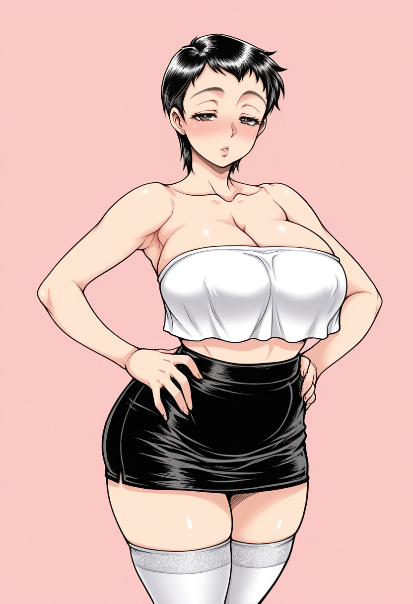 masterpiece, best quality, <lora:Kuroarama_Soukai:1> K0r04r4m4S00k41, mature female, 1girl, solo,standing,hands on own hips, looking at viewer, half-closed eyes, blush,black hair, short hair, white tube top, crop top overhang, strapless, thighhighs, zettai ryouiki, collarbone, cleavage, black miniskirt, pink background, simple background, portrait,