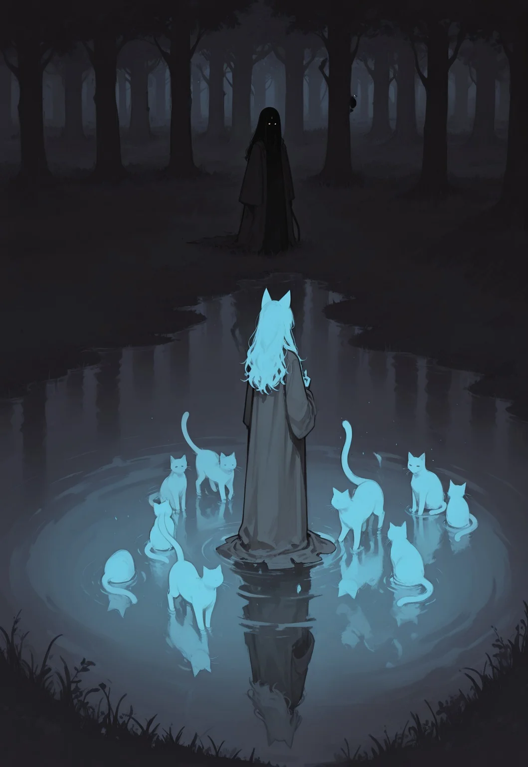 score_9, score_8_up, score_7_up, masterpiece, best quality, very aesthetic, 1girl, incoth, (incase:0.6), detailed face, (dynamic:1), stylized, illustration, r17329_illu, mage, robes, long hair, ethereal cats, ghost cats, summoner, reflection lake, (cats:1.1)