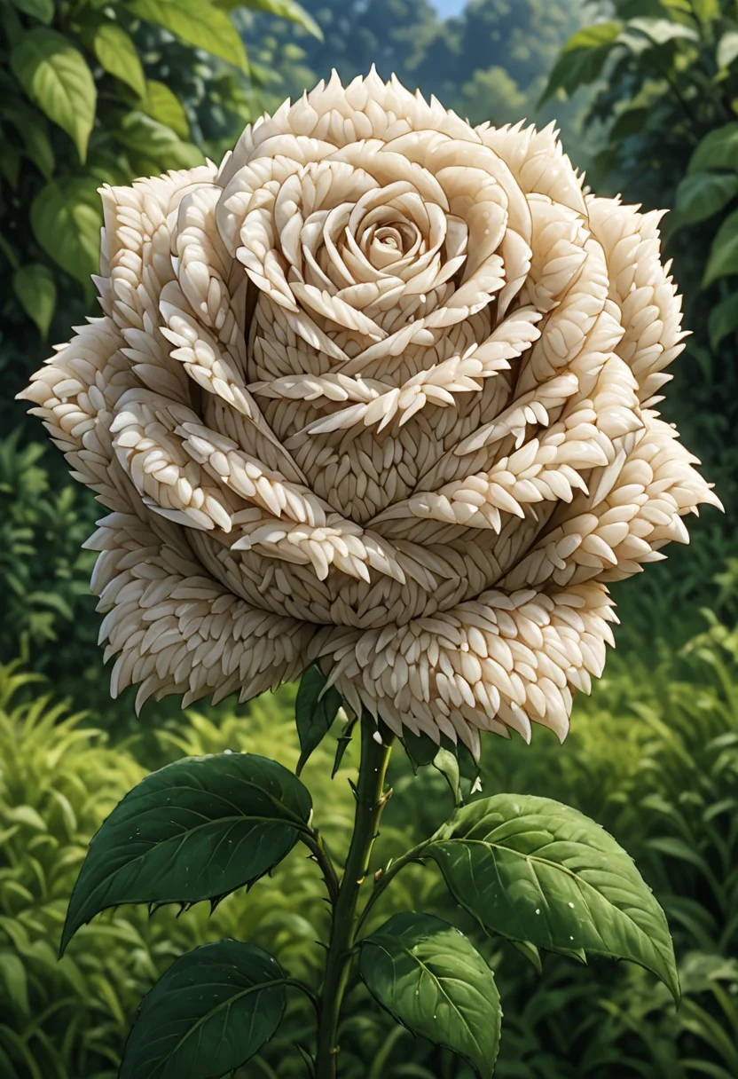 A rose made out of rice grains in a garden background. Ultra-detailed, absurdres, masterpiece, high quality. <lora:Rice_Grains_Morph:1>,