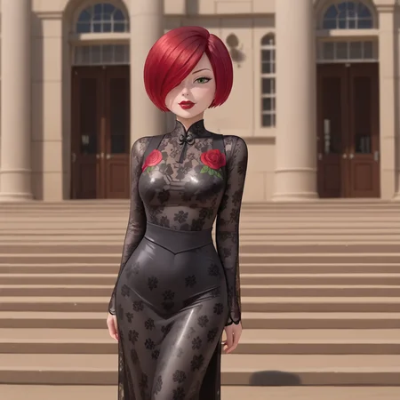 <lora:magicianladybug_pony_v1:.7> MagicianLadyBug, 1girl,  short hair,  hair over one eye, red hair, lipstick, makeup, cowboy shot, <lora:1013 Home wear 30_v1_pony:1> ruanyi1013,black dress,floral print,long dress,long sleeves,see-through dress,skin tight,lace