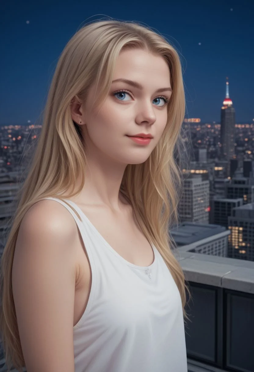 (Score_9,score_8_up, score_7_up:1.6),(source_anime:1.5),(rating_safe:1.5),(nigth scene:2.0), (( in exterior rooftop night city:2.0)),high definition, 35mm, ( detalled:1.5), 1girl, detailed face ,blue eyes , blonde hair, ,Long hair