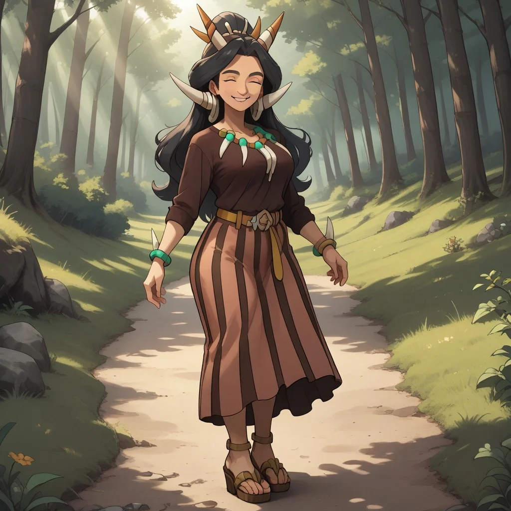 score_9, score_8, BREAK, solo, Drasna_(Pokémon), closed eyes, long black hair, tribal horns, mature female, tooth_necklace, tooth_bracelet, yellow belt, vertical-striped skirt, brown shirt, long sleeves, thick eyebrows, anklets, high heel sandals, self portrait, smile, looking at viewer, outdoors, sunlight, shadows, evening lighting, natural lighting, forest, trees, grass, orange sky, sunset