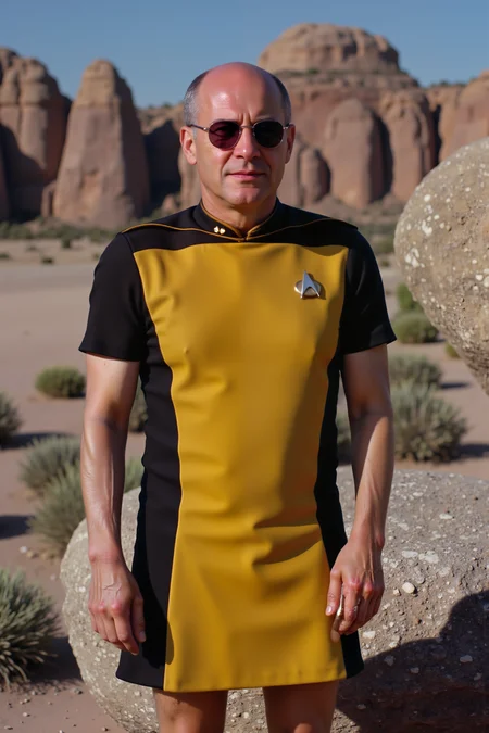 a high quality sharp photo still of old mexican man wearing yellow STSKNT short uniform skirt with black shoulders and sides and with short sleeves standing next to a large rock in sunglasses.<lora:ST_SKANTV2_FLUX><lora:aidmaMJ6.1-FLUX-V0.1:0.6><lora:Movie_Portrait><lora:Flux DetailerV2>