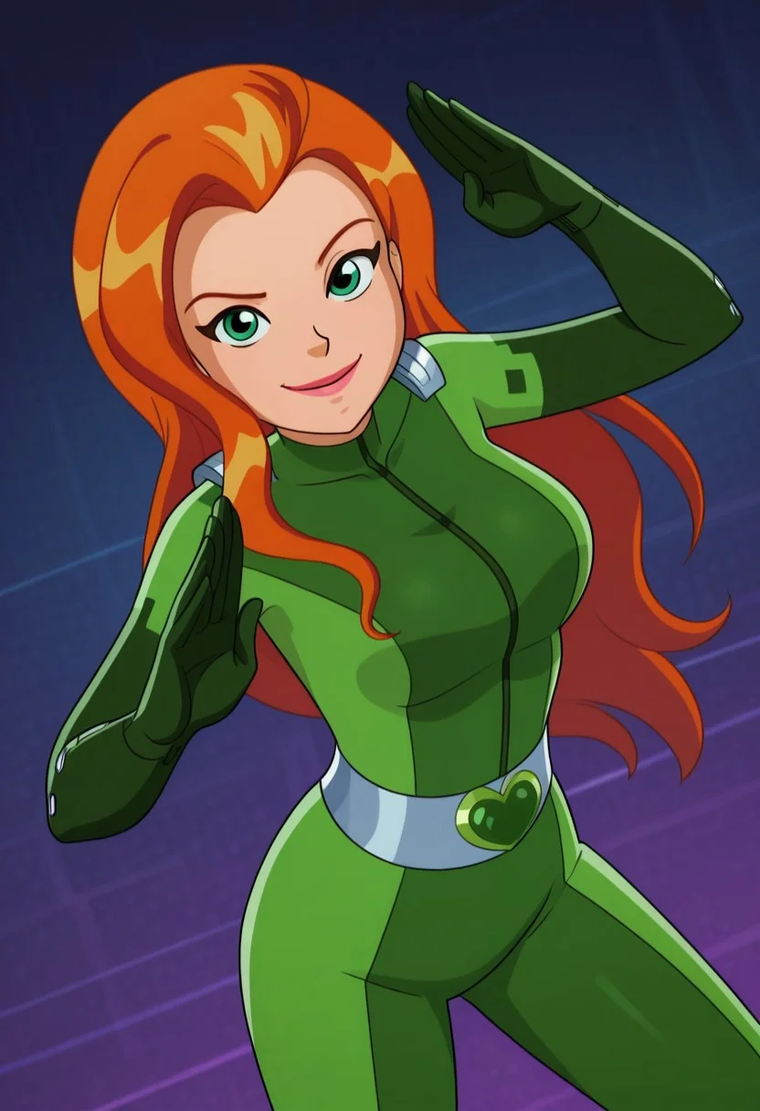 masterpiece, best quality, good quality, 1girl, solo, cartoon, totally_spies_2k24, sam, orange hair, long hair, green eyes, green bodysuit, sexy, large breasts, beautiful, detailed, high detailed, very beautiful, detailed face, detailed eyes, detailed hand, abstract background, smile, smirk, looking at viewer, pose, standing, (fighting stance), dutch angle