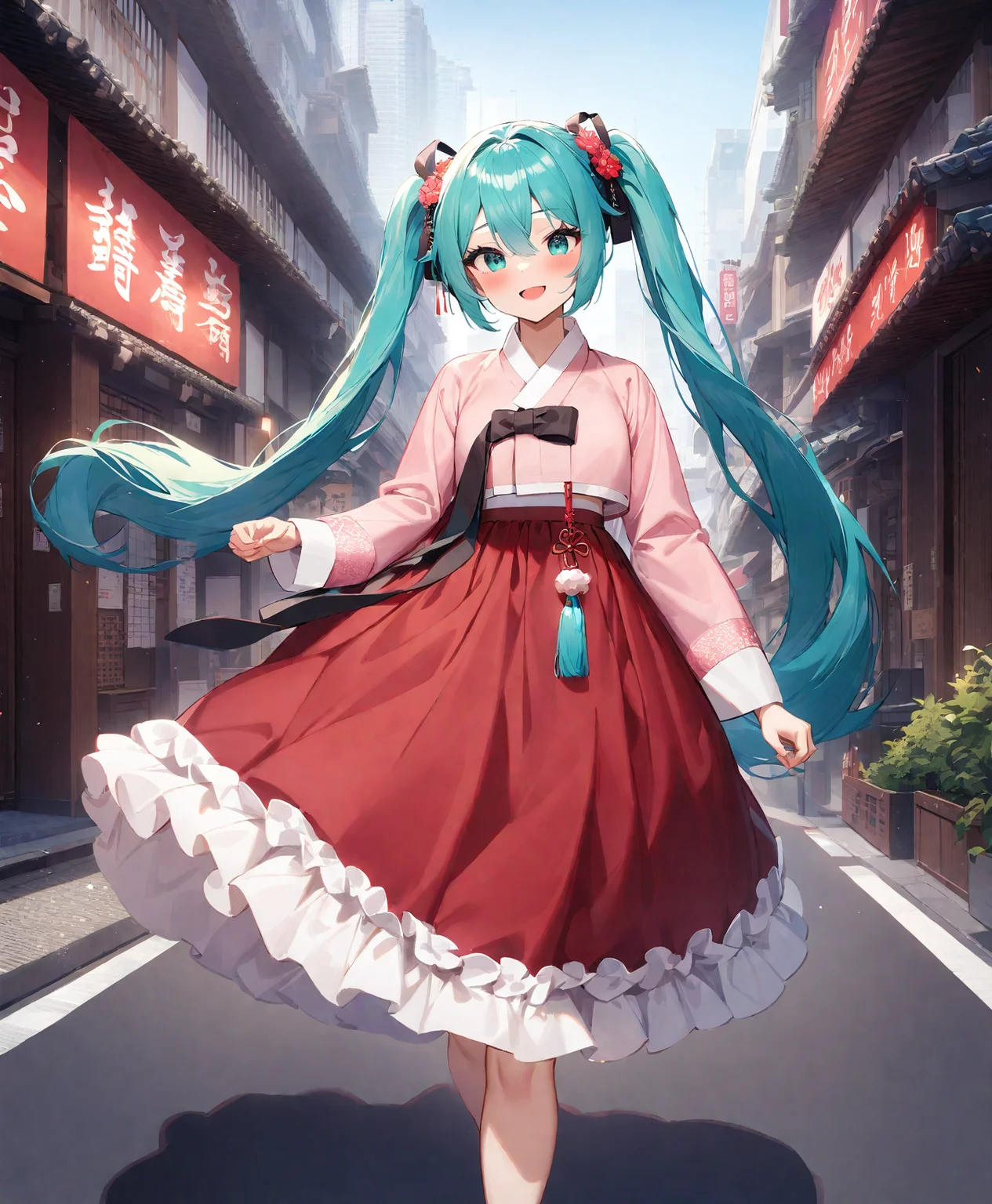 1girl, hatsune miku, vocaloid,
(hanbok), (extremely detailed hanbok), (layred hanbok skirt, frilled petticoat:1.2), (sarashi:-1),
walking, smile, blush,
outdoor, tokyo street, skyscraper buildings, neon sign,
masterpiece, best quality, very aesthetic, safe,
<lora:neg4all_bdsqlsz_xl_V91:1.0> <lora:Hnbk_Anmgn31_AB1:0.8>