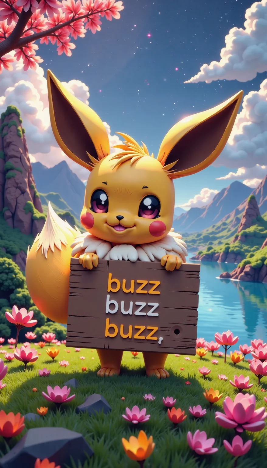 (stylized by Karel Zeman:1.2) , cinema art, superb Anime, stylized, Aerial View of a (eevee from pokemon series holding sign it say "buzz buzz buzz":1.3) , it is very Delicate and Divine, background is Adroit hillside, lush water and Nebula in background, Spring, Bokeh, Magic Realism, Serene, Geometric Style, Dramatic spotlight, F/5, Albumen, full of color, Paint splotches, adobe lightroom, octane engine