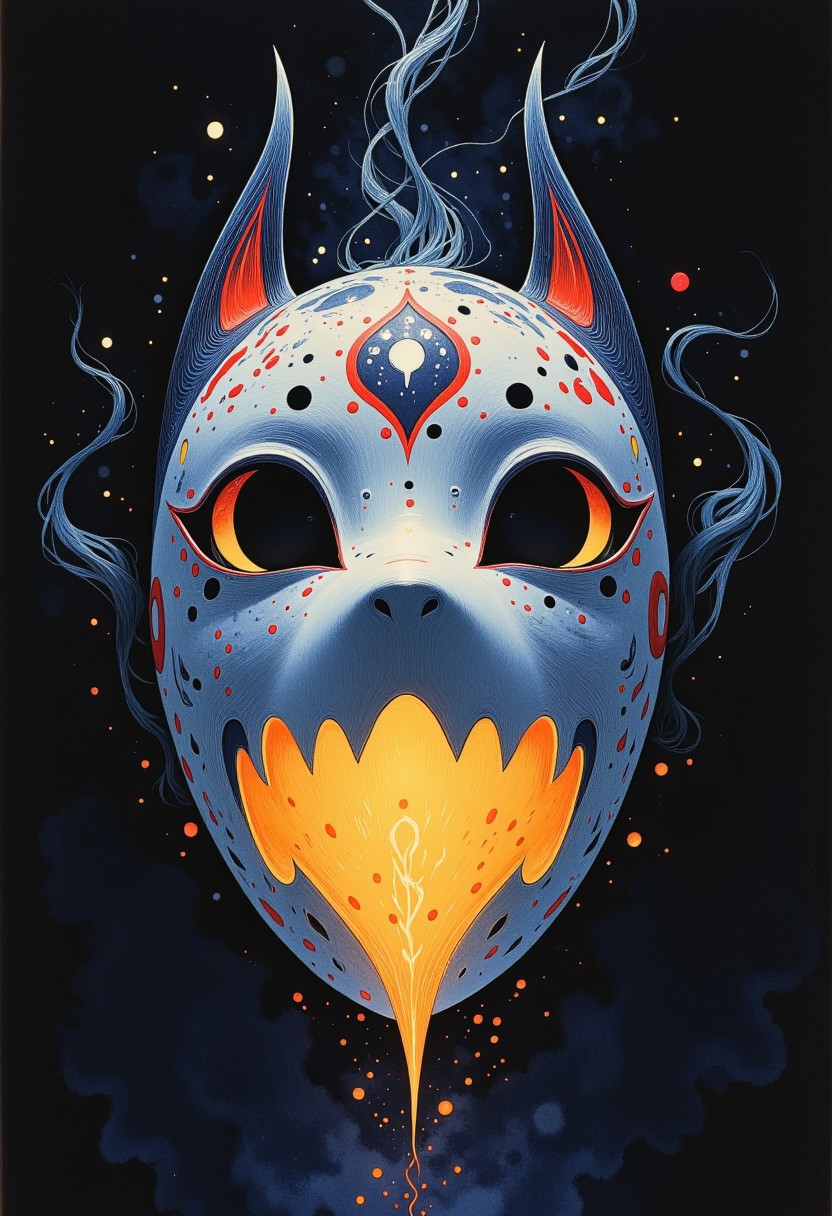 Studio Ghibli Dark Fairytale  detailed painting depicting a haunted kitsune mask radiating an eerie aura