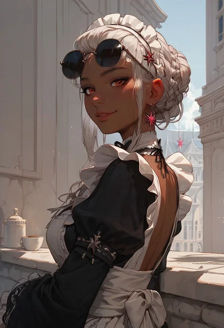 score_9, score_8_up, score_7_up, masterpiece,best quality, highly detailed, score_6_up, 1girl, cute face, braid hairstyle,maid,white hair female,brown skin female,long hair,red eyes,little round sunglasses on female head,naughty smile,look back,20 year girl,cute,sitting on tall building roof,twilight