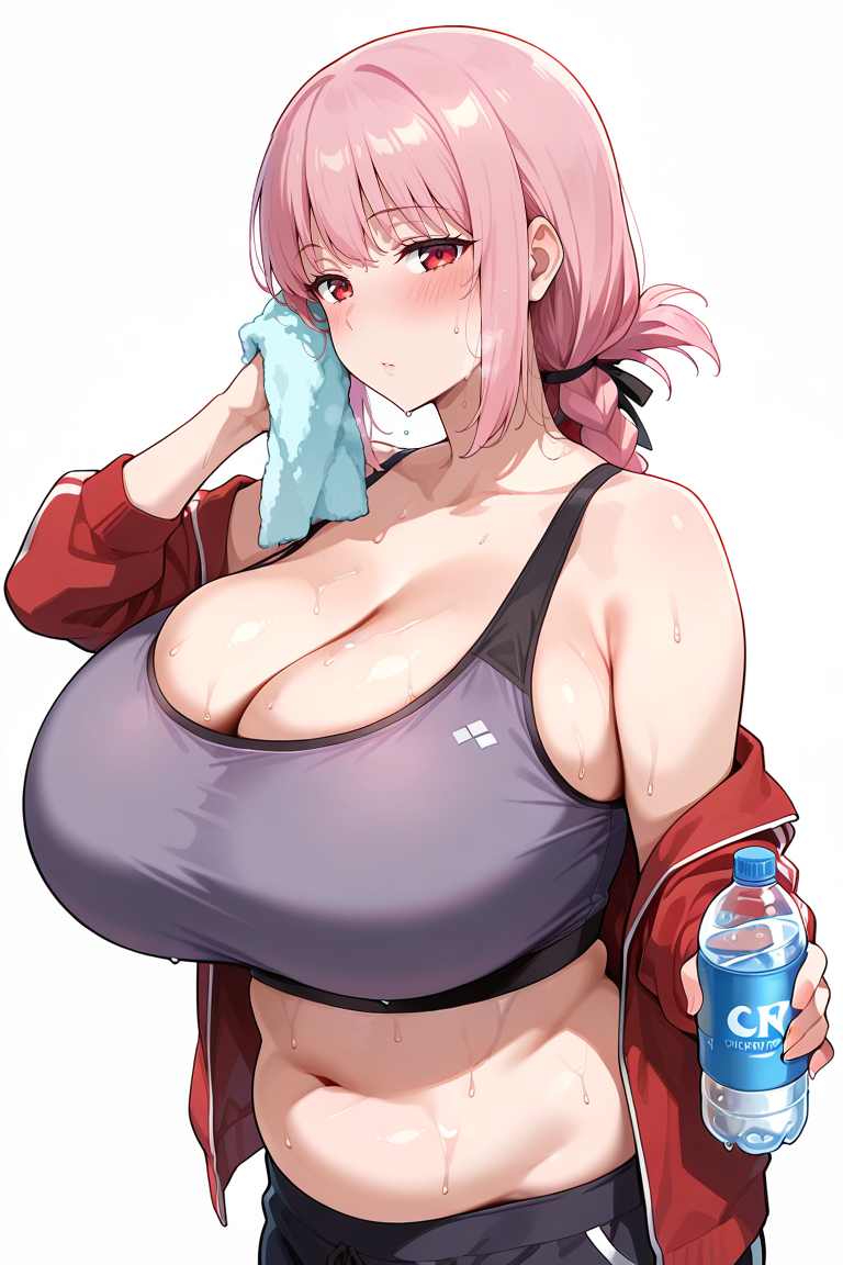 masterpiece , source_anime  , 1girl, breasts, mature female, plump, navel, , solo, pink hair, gigantic breasts, red eyes, bottle, sweat, towel, blush, jacket, braid, long hair, cleavage, white background, holding bottle, holding, water bottle, belly, looking at viewer, sports bra, bare shoulders, red jacket, off shoulder, simple background, bangs, midriff