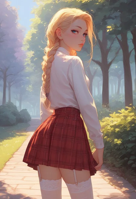 masterpiece, score_9,score_8_up, score_7_up, score_6_up, (pastel colors, high contrast,expressiveh), solo focus, 18 year old girl, blonde hair, (twin braids:1.2), long hair, red plaid skirt, white shirt, blue eyes, mascara, white thigh highs, garter straps, posing, large chest, petite, looking back, from behind, standing on stone path in park, trees, in background, sunlight, sunny,