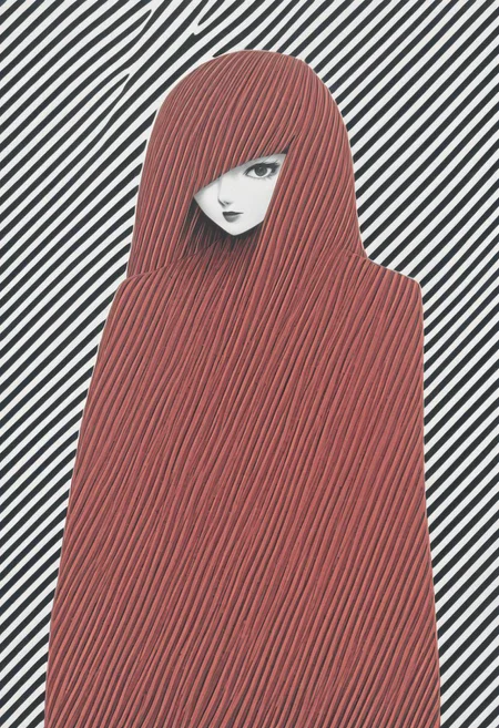 bw-grignani, surreal red daft punk woman By Franco Fontana embedded in perfect emphasis lines, made of Stripes, perfect bold lines,
