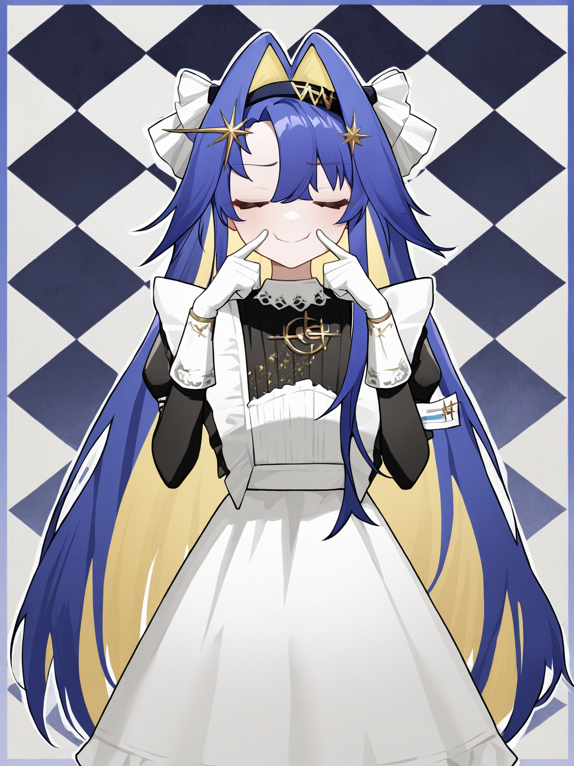 1girl,closed mouth,looking at viewer,solo,voyager\\(reverse:1999\\),cowboy shot,,checkered_background,skyblue,rounded_corners,white gloves,restrained,smile,sulking,closed eyes,fingersmile,<lora:voyager-000010:1>, masterpiece, best quality, very aesthetic, absurdres