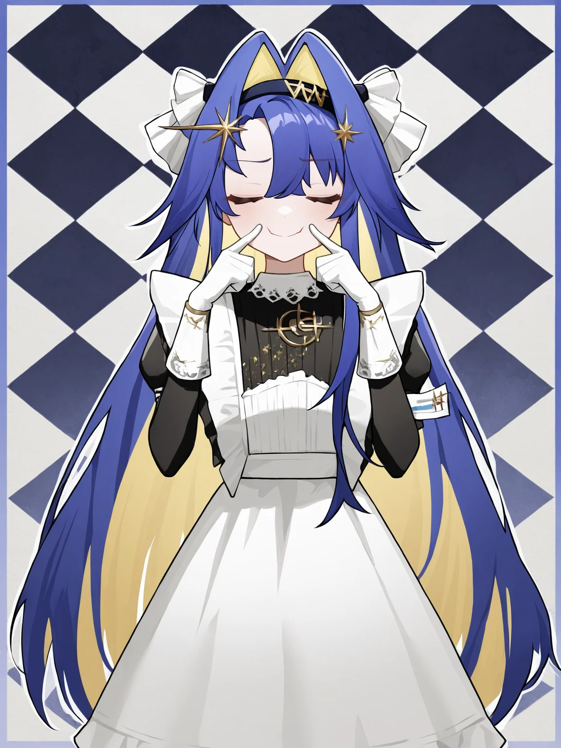 1girl,closed mouth,looking at viewer,solo,voyager\\(reverse:1999\\),cowboy shot,,checkered_background,skyblue,rounded_corners,white gloves,restrained,smile,sulking,closed eyes,fingersmile,<lora:voyager-000010:1>, masterpiece, best quality, very aesthetic, absurdres