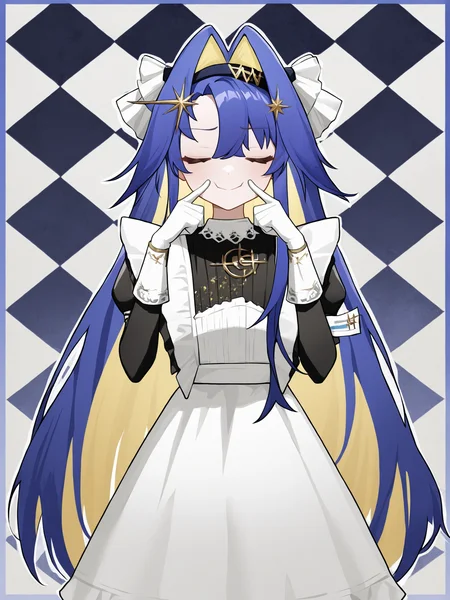 1girl,closed mouth,looking at viewer,solo,voyager\\(reverse:1999\\),cowboy shot,,checkered_background,skyblue,rounded_corners,white gloves,restrained,smile,sulking,closed eyes,fingersmile,<lora:voyager-000010:1>, masterpiece, best quality, very aesthetic, absurdres