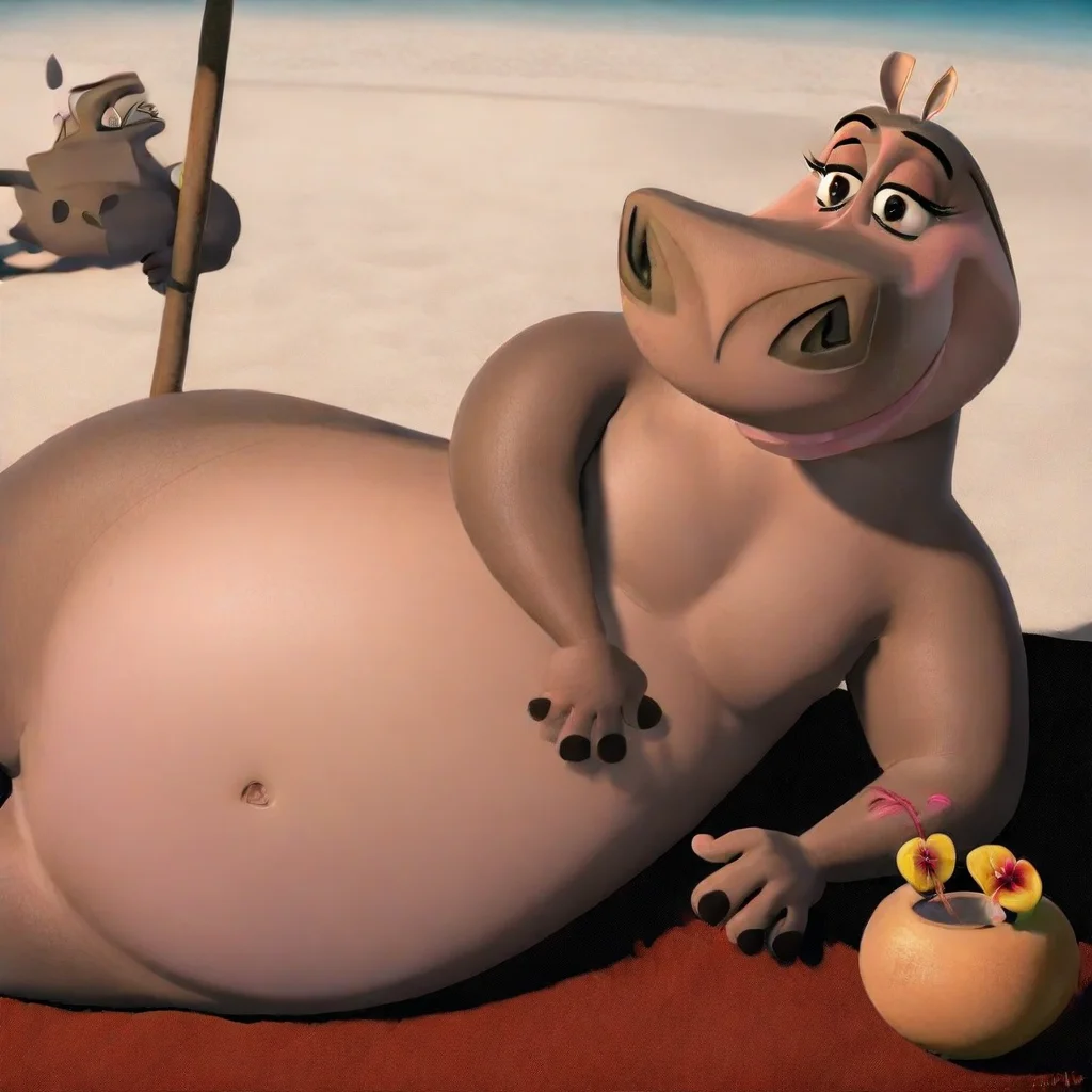 Gloria(character), hippo, female, plump, anthro, Smile, solo, outside, tropical beach, Laying, on her side,