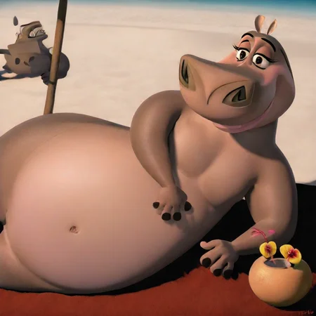 Gloria(character), hippo, female, plump, anthro, Smile, solo, outside, tropical beach, Laying, on her side,