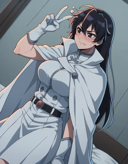score_9, score_8_up, score_7_up, source_anime, <lora:bambietta-basterbine-tybw-ponyxl-lora-nochekaiser_r1:1>, bambietta basterbine, long hair, black hair, black eyes, large breasts,, skirt, gloves, belt, cape, cloak, white cloak,, indoors, bed, bed room, on side, blush, drunk,, , , v,, solo,, cowboy shot, dutch angle