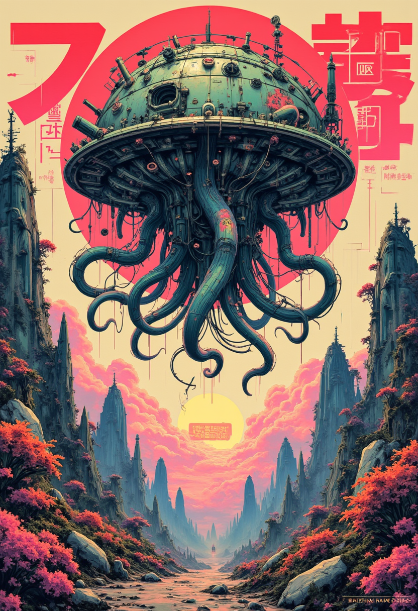 Japanese Manga style Poster, Photo-realistic digital illustration, surreal alien landscape, hovering structure with tentacles, vibrant colors, detailed textures, otherworldly sky, light reflections, alien vegetation, intricate design, multiple layers, photo-realistic lighting, dynamic composition, vivid color contrast, with intricate textures and vibrant colors. The scene should include a rich variety of elements, each contributing to the overall atmosphere. Lighting should be soft, diffused, and natural, enhancing the depth and realism of the scene. The mood is to be calm yet vibrant, creating a sense of serenity and wonder. Every detail in the scene should be meticulously rendered, emphasizing the contrast between light and shadow, and capturing the fine textures and subtle gradients. The color palette should be carefully chosen to evoke emotion, with each hue enhancing the aesthetic appeal of the overall composition. The final image should be immersive and captivating, drawing the viewer into its intricately detailed world.