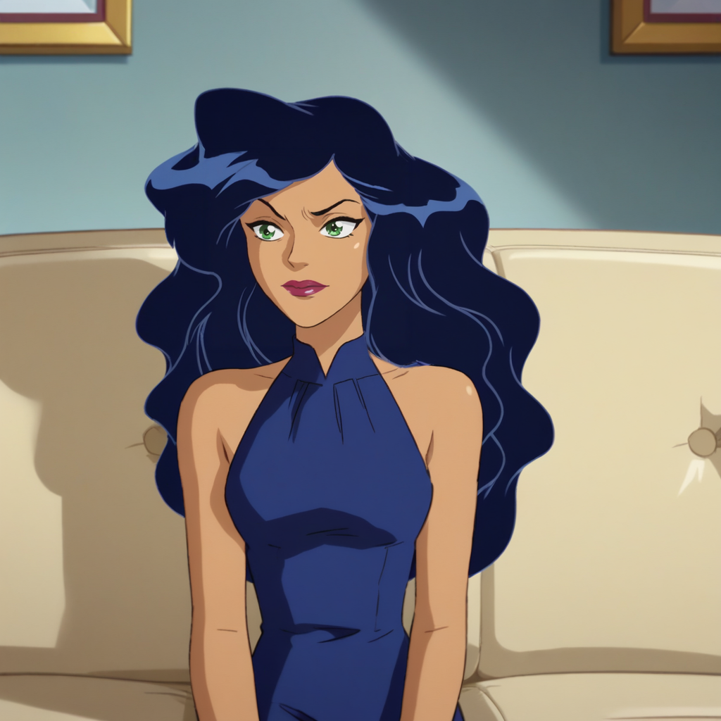 score_9_up, score_8_up, BREAK, Caitlin, 1girl, solo, blue hair, long hair, green eyes, dark skin, lipstick, blue dress,  <lora:Caitlin_TotallySpies_PXL_Leaf2-000019:0.9>, indoors, sitting on couch,
