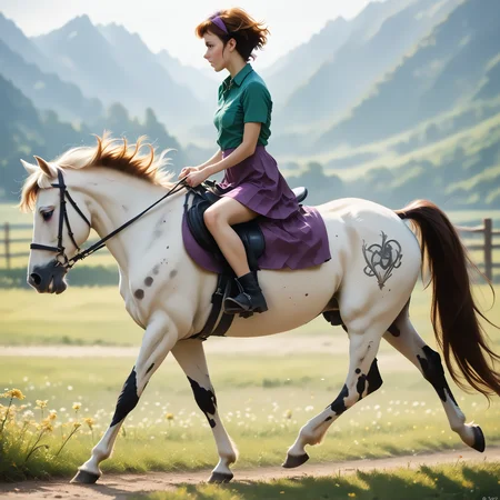 score_9, score_8_up, score_7_up, BREAK, RiHorse, side_view++ (slim 25yo female) riding a galloping horse. The female wears purple short skirt and green shirt. The female has short brunette hair <lora:RideHorsePony:.8>