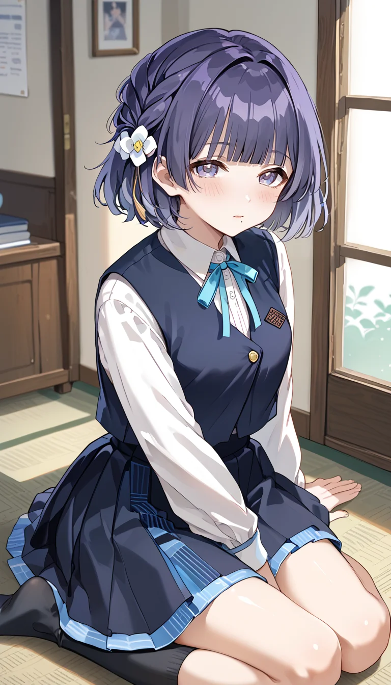 score_9,score_8_up,score_7_up,
official art,official style,game cg,megami magazine,
uncensored,
1girl,solo,
htymsz,hataya misuzu,hatsuboshi gakuen school uniform,
purple eyes,purple hair,short hair,violet eyes,white flower,braid,flower,hair flower,hair ornament,
collared shirt,dress shirt,aqua ribbon,black skirt,black socks,black vest,blue bow,
blue bowtie,blue eyes,blue ribbon,blue skirt,blue vest,blunt bangs,
long sleeves,mole,mole under mouth,neck ribbon,pleated skirt,
ribbon,school uniform,shirt,skirt,vest,white shirt,
<lora:hataya_misuzu_gakuen_idolmaster_pony_v1:1>,
