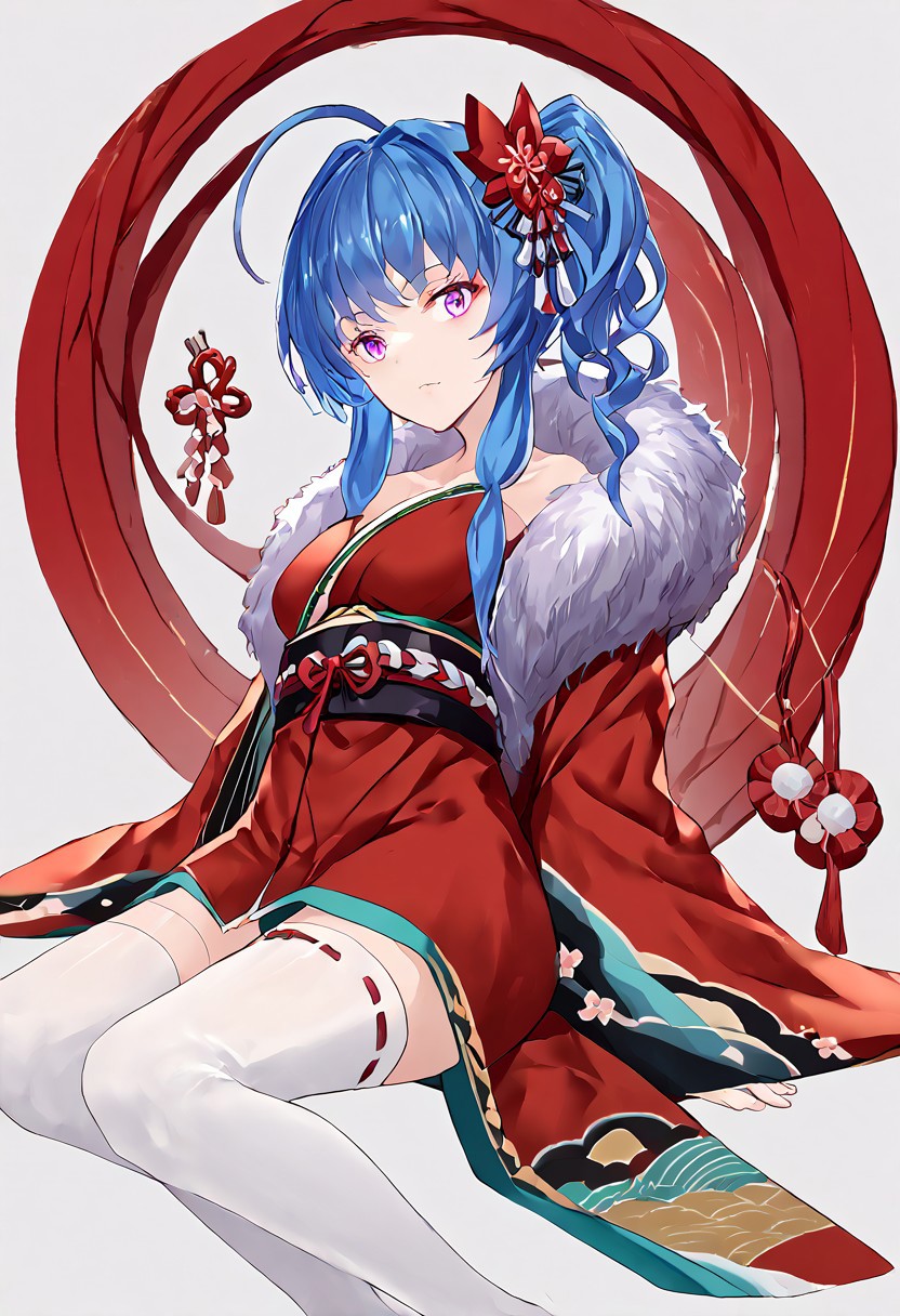 score_9, score_8_up, score_7_up, score_6_up, score_5_up, score_4_up, source_anime, 1girl, solo, 
mlslykt, blue hair, ahoge, purple eyes, side ponytail, long sidelocks, red kimono, short kimono, white thighhighs,fur boa, geta, obi, off-shoulder kimono, hair flower, hair ornament, red ribbon, wide sleeves, 
masterpiece, best quality, very aesthetic, absurdres,
