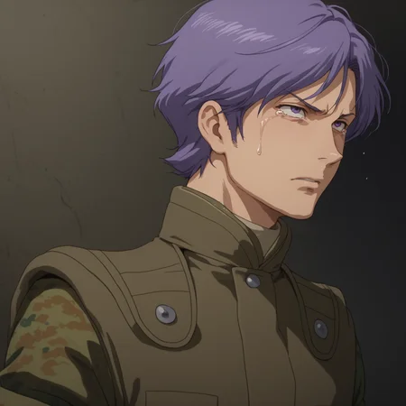 score_9, score_8_up, score_8, solo, adult, <lora:Zeon_Soldier_Mobile_Suit_Gundam_Pony_SDXL:1>, zeon soldier, uniform, 1 man, crying, purple hair