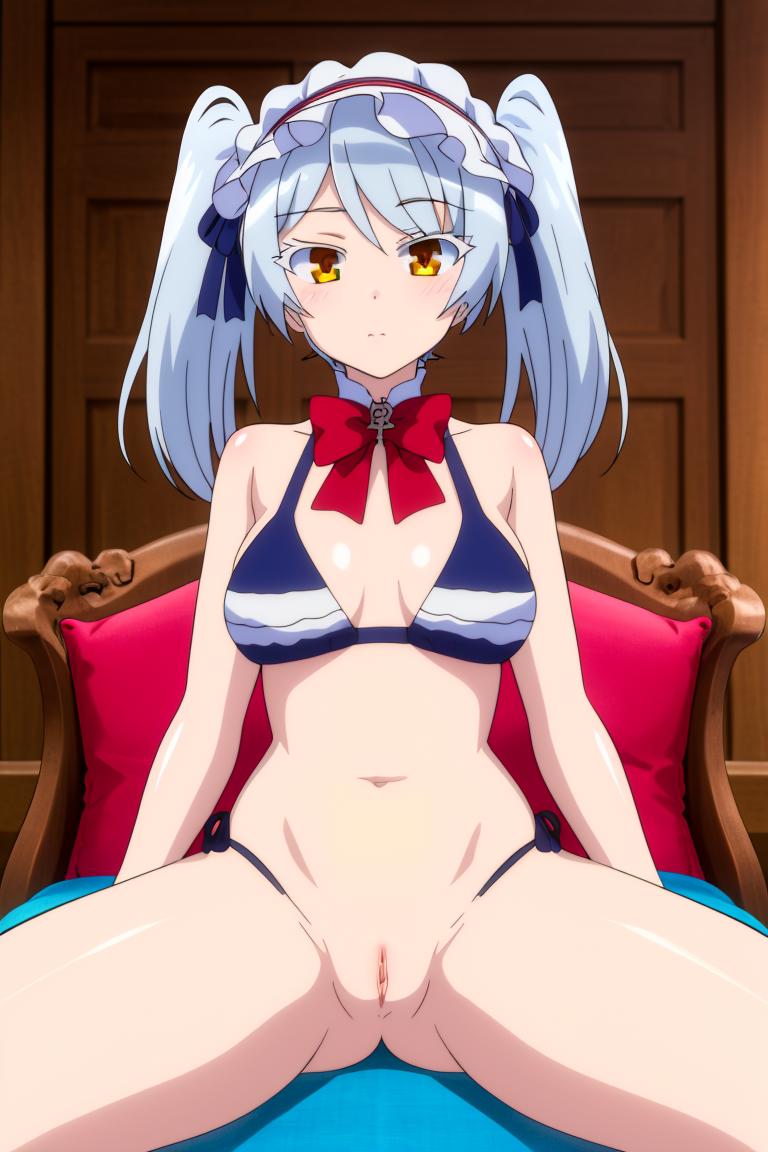 (masterpiece, best quality, high quality, highres, ultra-detailed),shape image, 1girl,solo,twintails,Selfie,show pussy,nude,spread legs, looking at viewer,  long hair, brown eyes, (Leen's  bule bikini:1.3), <lora:leen_trian3:0.9>,red bow tie,library background ,