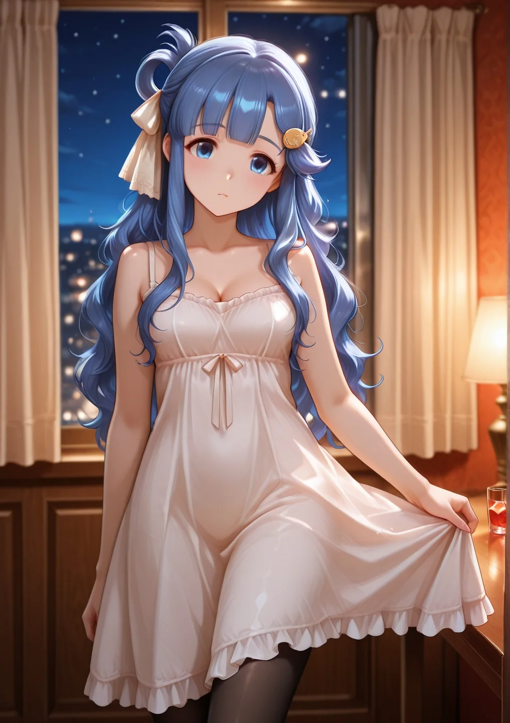 general, very awa, masterpiece, best quality, highres, absurdres, , ,eyesHD, high gradient eyes, detailed eyes, high definition eyes, ,, Asari_Nanami_Cinderella, long hair, blue eyes, blue hair, fish hair ornament, hair rings, wavy hair, blunt bangs, Silkform_Illusion_Negligee, dress, white dress, spaghetti_strap, short dress, tight dress, bare shoulders, bare arms, sleeveless, cleavage, black_pantyhose, cowboy shot, standing, fence, skirt hold, head tilt, blurry, curtains, window, night,table, cocktail glass