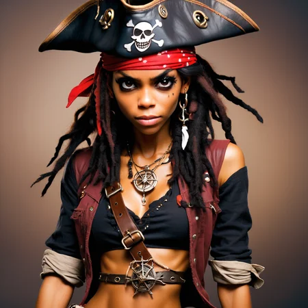 A pirate girl looking like agnesxl3 with a bandana or tricorn hat sits atop her head, partially concealing her rebellious, windswept hair. A medley of accessories adorns her person: a collection of rings, a compass hanging from her belt, and a distinctive eye patch that hints at her past battles and dauntless spirit.