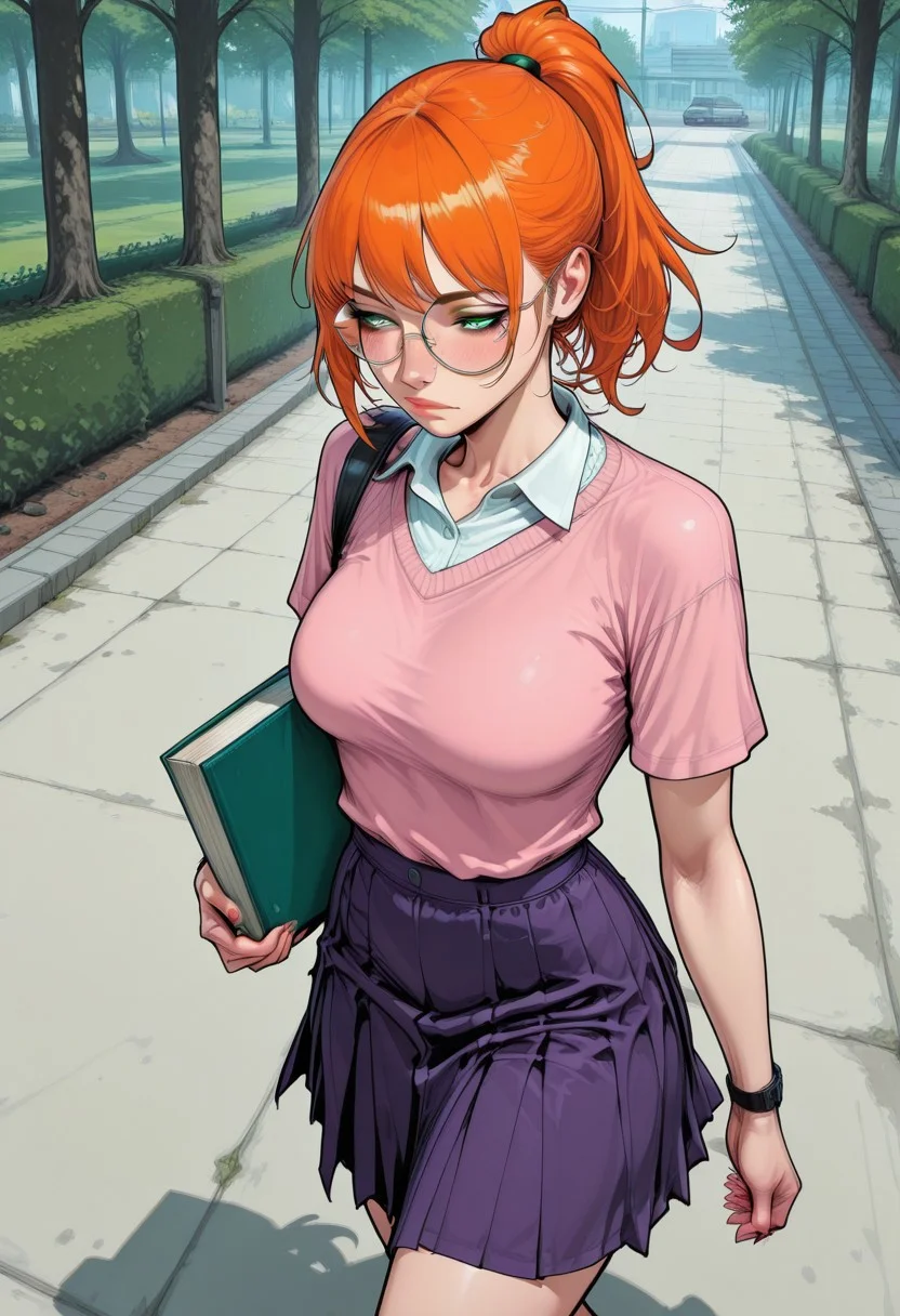 artist:fluxc0m1c, masterpiece, absurdres, solo, 1girl, woman, (caitlinf:1.2), green eyes, orange hair, ponytail, age 25, walking, round glasses, dark pink sweater, short sleeve sweater, knit sweater, (medium skirt:1.2), pleated skirt, purple skirt, shirt collar, carrying books, pinup, half-closed eyes, perfect eyes, perfect quality, gorgeous girl, perfect face, college campus, outdoors, detailed shadows