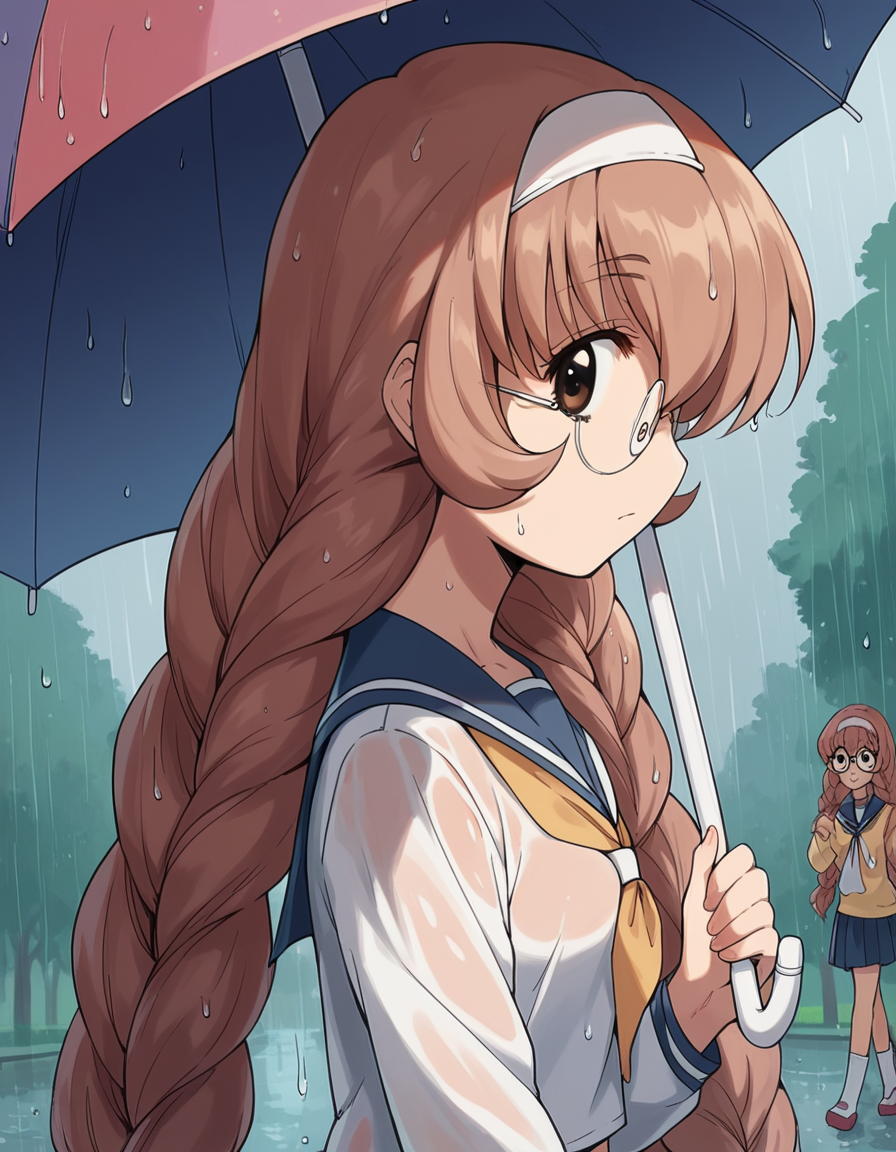 score_9, score_8_up, score_7_up, source_anime, <lora:mimi-usa-s1-ponyxl-lora-nochekaiser:1>, mimi usa, long hair, brown hair, brown eyes, very long hair, braid, hairband, glasses, twin braids,, school uniform, serafuku, long sleeves,, rainy day, umbrella, walking home, puddles, wet hair, , from side, looking at viewer, solo,, dutch angle, cowboy shot