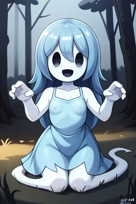 score_9, score_8_up, nsfw, score_7_up, <lora:Spooky:0.9> spooky (sjm), ghost girl, solid oval eyes, smile, transparent, colored skin, long blue hair, small breasts, blue dress, suprise, suprised, suprised arms, open mouth,, solo,, Forest, trees, grass,