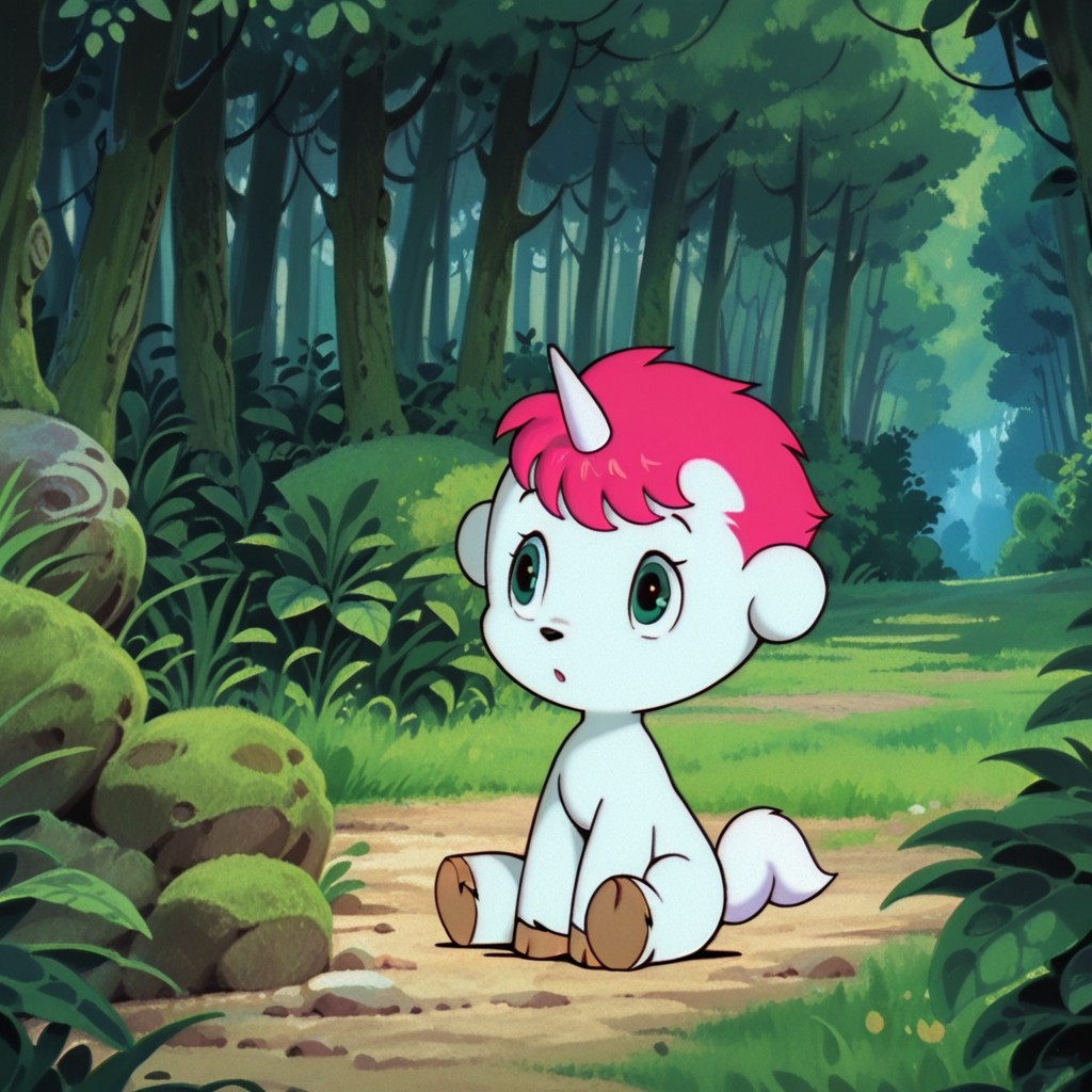 masterpiece, best quality, amazing quality, Unico_il, feral, male, unicorn, white fur, pink hair, single horn, green eyes, tail, outside, in the forest, sitting, solo, 1boy, <lora:9eef3826-2627-4927-9f2a-5a90a4ac9bf4:1.0>