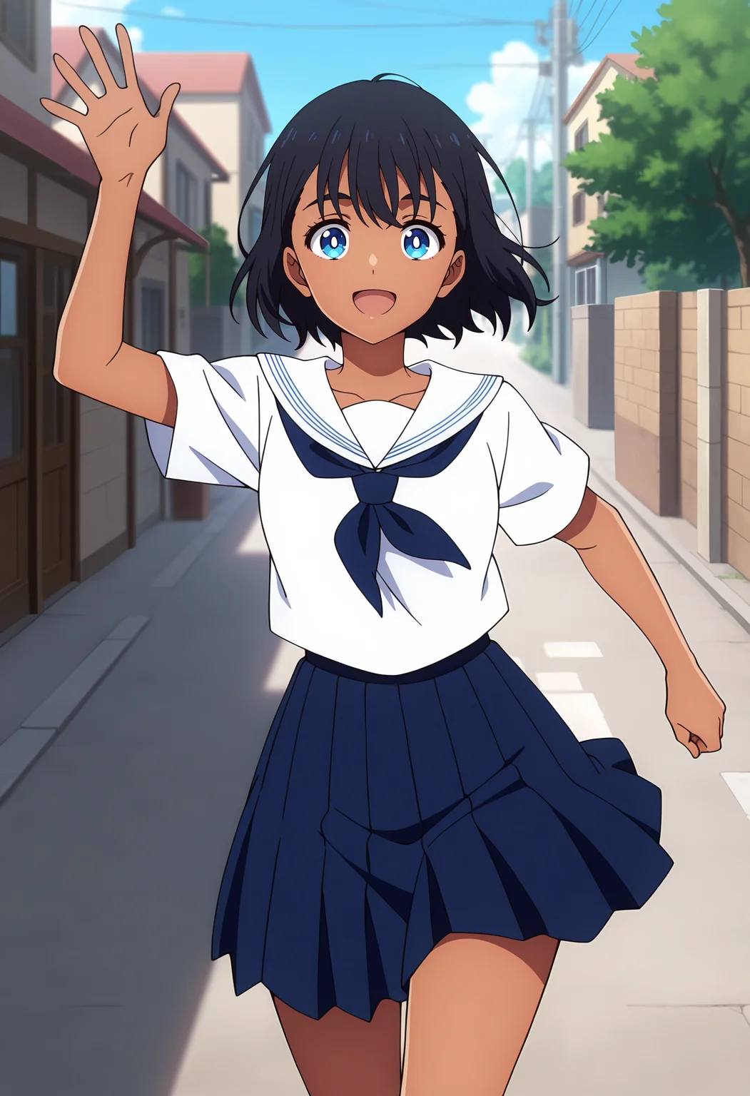 anime screencap, masterpiece, best quality,
<lora:SummertimeRender_KofuneMio_IlluXL:0.9>,
1girl, solo, open mouth, smile, floating hair,
dark-skinned female, short hair, black hair, blue eyes, white pupils,
white sailor collar, white shirt, blue neckerchief, short sleeves, pleated skirt, blue skirt,
arm up, waving, running, looking at viewer, cowboy shot,
outdoors, town, street, tree, power lines, blurry background