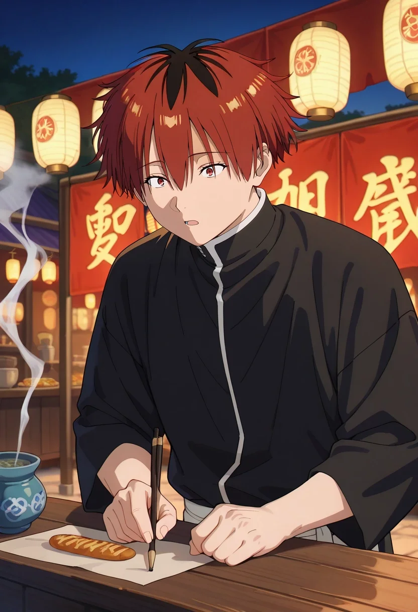 masterpiece, best quality, , , , , 1boy, solo, male focus, <lora:stark_sousou_no_frieren_ilxl:0.92>, stark_sousou_no_frieren, red hair, red eyes, short hair, bangs, hair between eyes, multicolored hair, two-tone hair, black hair, night market, paper lanterns, food stalls, incense smoke, browsing pose, hungry expression, evening,