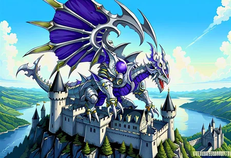 a welsh dragon dorugoramon hovering over a castle,2d,digital art,detailed,intricate detail,full color,80s style