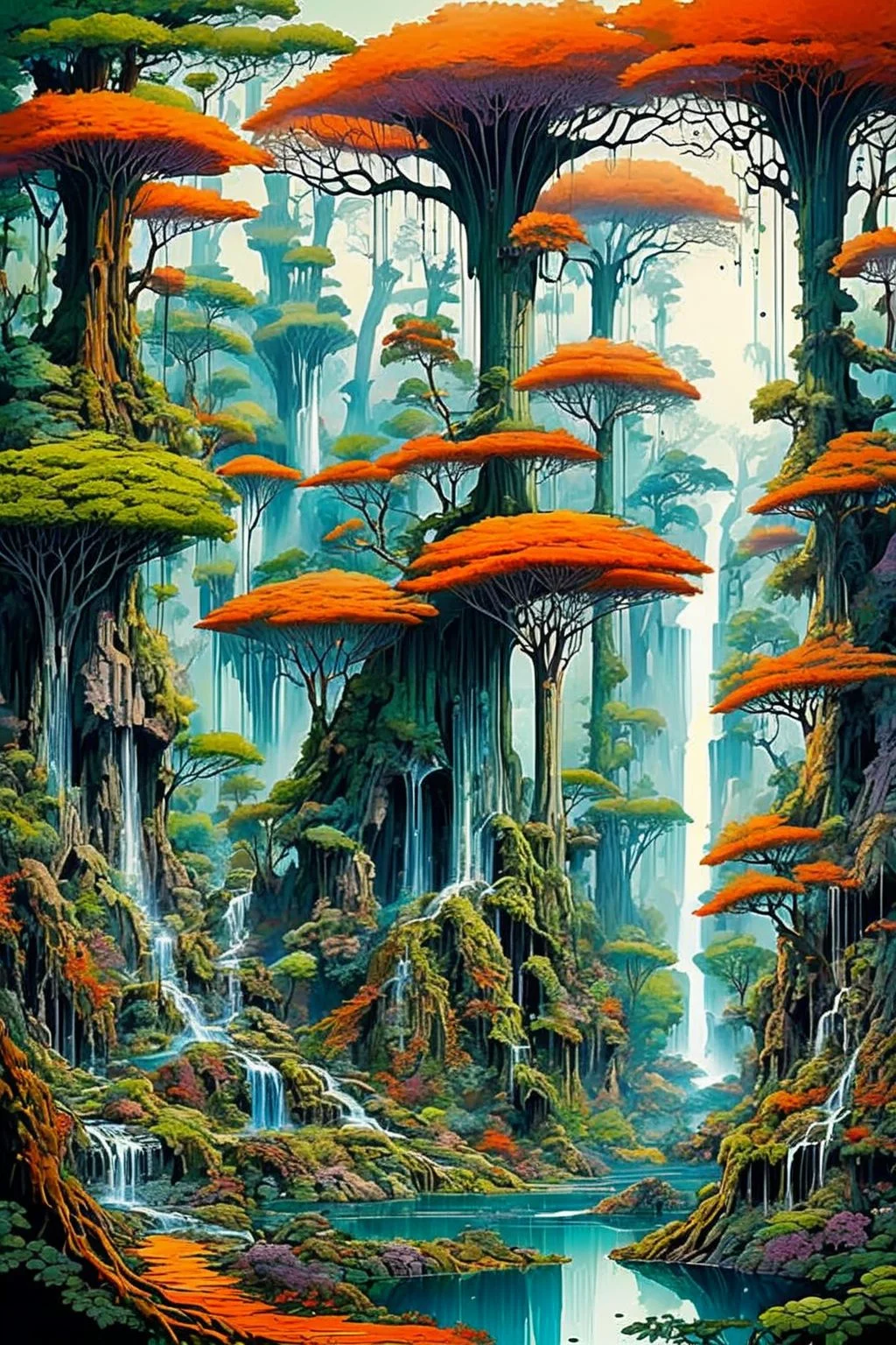 Highly detailed landscape of fantasy forest with tall trees and a majestic waterfall, (long shot), vibrant colors, intricate details of leaves and water droplets
dagobahlnd <lora:DagobahLnd:0.7>