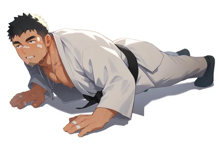 1boy, solo, bara, muscular male, male focus, full body,
judo, judo uniform, (belt, black belt:0.8), open jacket, bandaid on face, bandaid on hand, push-ups, simple necklace,
black hair, black eyes, sideburns, beard, very sweaty, parted lips,
simple white background,
best quality, amazing quality, best aesthetic, absurdres, sfw, year 2023,
<lora:judo:1> <lora:hiroki01:0.65> <lora:Nywlub_Style:0.8> <lora:Zhadoiz_Style_v2:0.5>