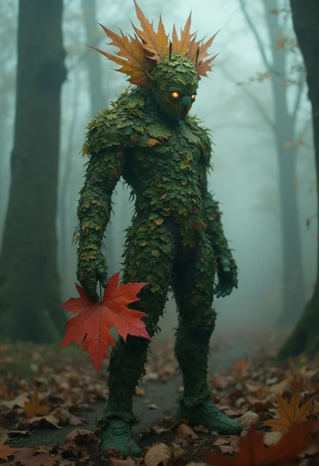 A professional photo of a humanoid figure made entirely of leaves, standing in a misty, fog-covered forest. The character’s head is an intricate assembly of autumn leaves, primarily green with hints of yellow and brown, layered and textured like natural foliage. Its face is smooth, almost mask-like, with large, deep-set, glowing eyes that reflect the soft light filtering through the fog. The eyes are subtly humanoid yet eerie, giving the creature a mystical, otherworldly presence. Its body is slender, with a suit-like texture made of interwoven leaves and vines, blending perfectly with the natural environment. The figure holds an oversized maple leaf in one hand, the bright red contrasting sharply with the muted tones of the foggy forest.
The background is a dense forest shrouded in mist, with tall, ancient trees barely visible in the distance. The ground is covered in fallen leaves, some decaying, adding a sense of timelessness and decay to the scene. The fog creates a soft, diffused light, casting faint shadows and giving the forest a surreal, dreamlike quality. The character appears to blend with the surroundings, as if it were a natural part of the forest itself. The overall atmosphere is mysterious and ethereal, evoking a sense of quiet magic and wonder
