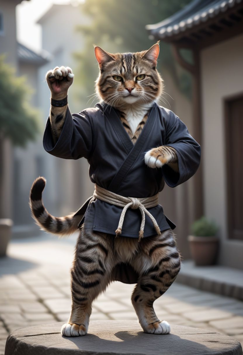 Masterpiece, photorealistic, raw photo, high quality, best quality,(HDR:1.4), a cat posed like martial arts mast, dynamic, bokeh