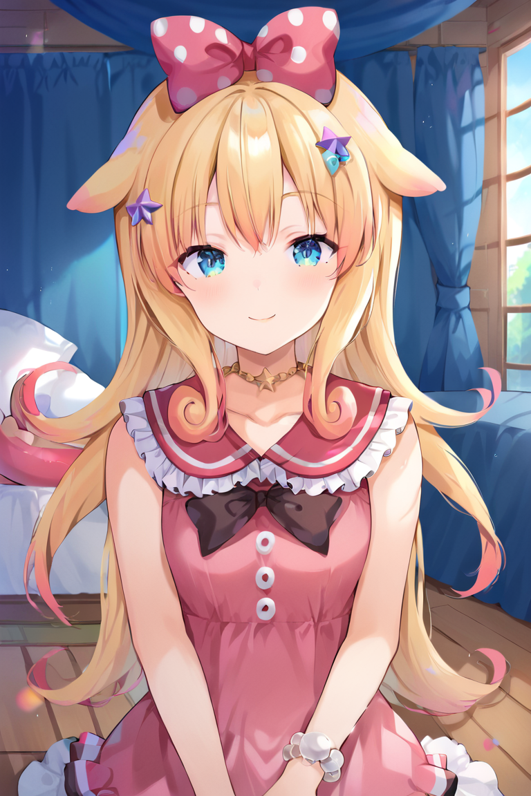 solo, 1girl, female, momo_otako, smile, tentacle, BREAK star hair ornament, hair bow, polka dot bow, pink dress, frilled dress, sleeveless dress, sailor collar, frills, white socks, shoes, Choker, bracelet, jewelry,  BREAK indoors, bedroom, colorful, looking at viewer, portrait, BREAK ((ultra-detailed)), ((best quality)), ((best quality)), ((beautiful eyes)), ((extremely detailed)), 4K, (8K), best quality, (beautiful), Master piece, highres, score_9, score_8_up, score_7_up, score_6_up, score_5_up, score_4_up, colorful, best quality, official art, highres, masterpiece, nai3, god light, detailed background, high quality background, <lora:add_details_xl:1> <lora:Momo_Otako_V-Tuber:1>