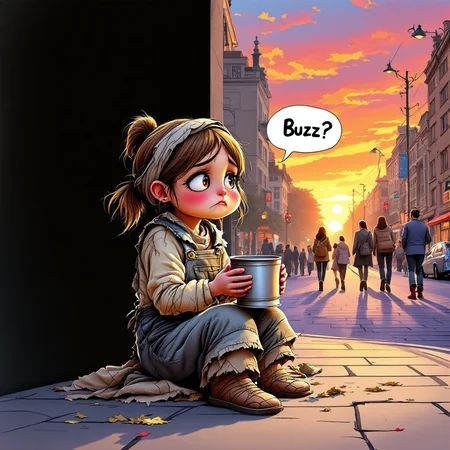 You are an assistant designed to generate superior images with the superior degree of image-text alignment based on textual prompts or user prompts. <Prompt Start> A cute innocent beggar girl in tattered threadbare overalls sitting holding up a tin cup with sad pleading eyes with a text balloon saying "Buzz?" on a fantasy city street corner with passersby ignoring her at sunset. This is in a drawn animated style, cute and surreal and detailed art, with vibrant colors and dynamic poses.