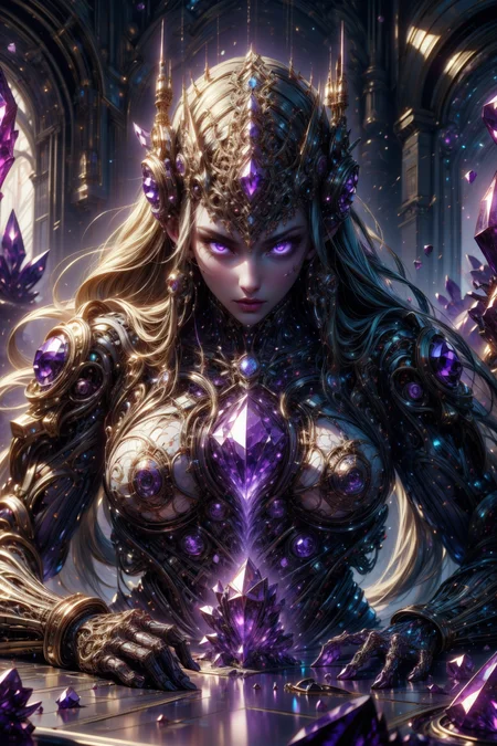 (masterpiece:1.1), (best quality:1.1), (intricate:1.1), (detailed:1.1), (ornate:1.1), (aesthetic:1.1), (vibrant colors:1.1),BREAK,
(purple theme:1.1), (glowing:1.0), (glimmering:1.0), BREAK,
(head and torso:1.0), (woman:1.0), (robot body:1.0), (amethyst:1.2), (gemtech:1.0), (internal reflections:1.0), (headdress:1.0), (glowing eyes:1.0), <lora:GemTech:1.0> , BREAK,
(cyberpunk:1.0) , (scifi:1.0)