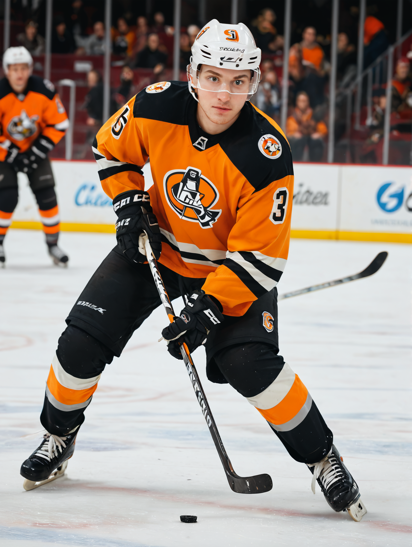 score_9, score_8_up, score_8. score_9, score_8_up, score_7_up, masterpiece, high quality, ice hockey, hockey stick, ice skates, hockey puck, solo, orange shirt, realistic, gloves, 1boy, jersey, jacket, shoes, pants, black footwear, blurry background, helmet,<lora:icehockey-000012:0.8>