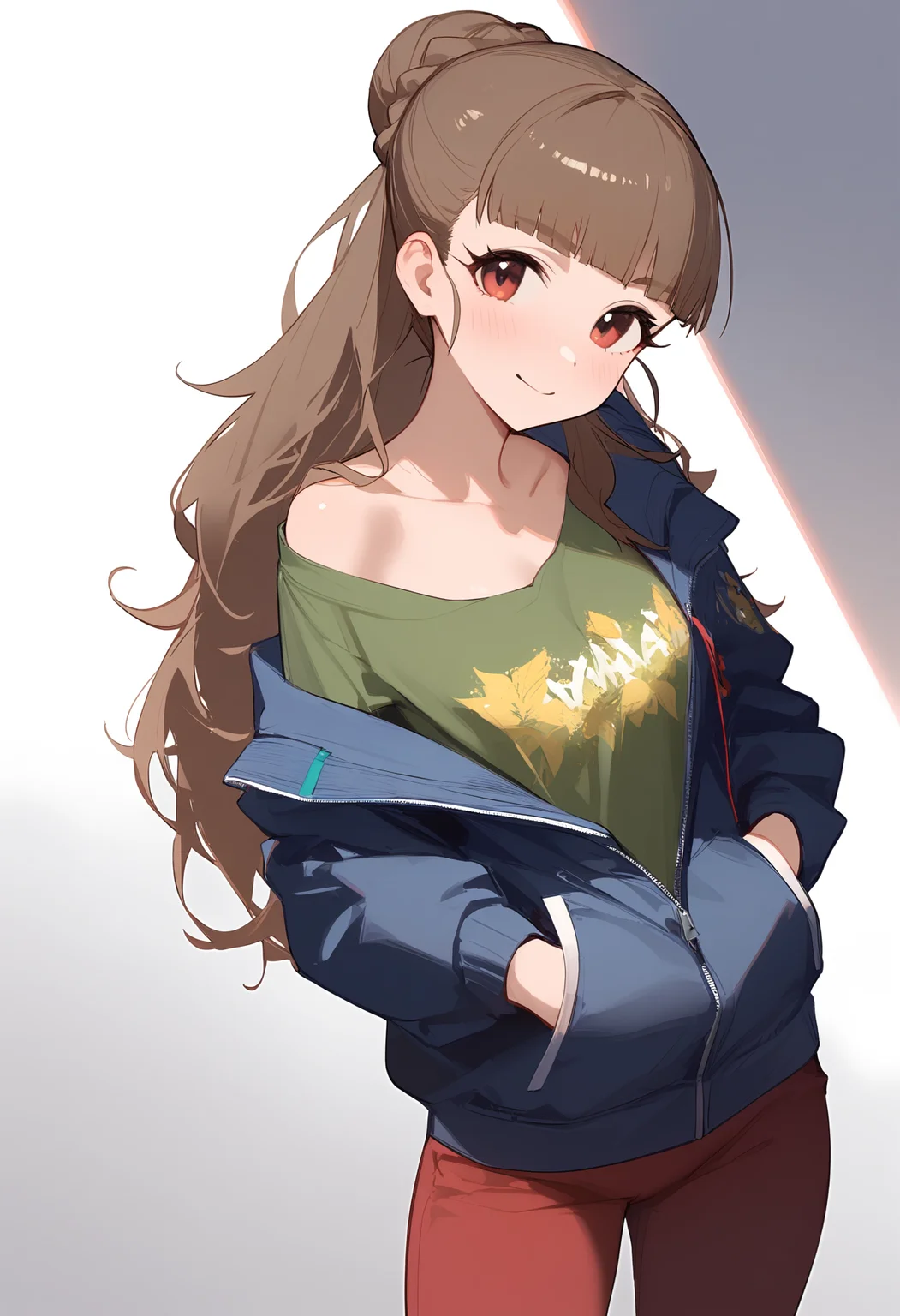 1girl,blush,closed mouth,kamiya nao,looking at viewer,solo,white background,blue jacket,simple background,long sleeves,open jacket,cowboy shot,braided bun,hands in pockets,collarbone,green shirt,off shoulder,red pants,smile,print shirt,<lora:a31_char_new_kamiya_nao-000026:1>masterpiece, best quality, absurdres<lora:a31_style_koni-000010:0.8>